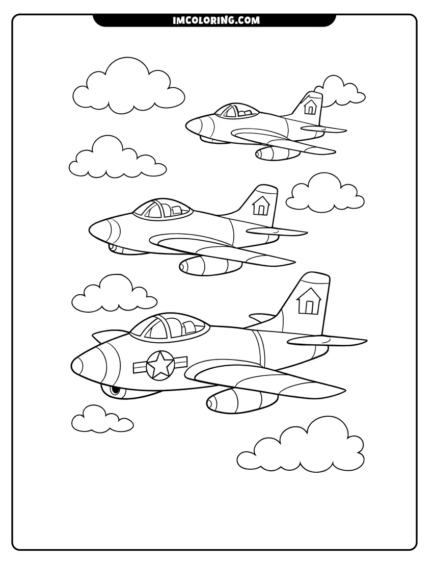 Scene showing Three vintage military jet airplanes flying in formation to color