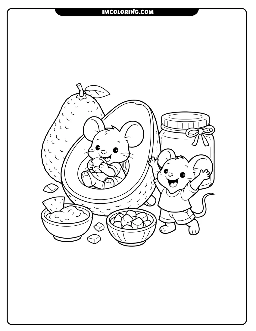 Black and white Two mice playing with and eating a large avocado coloring sheet