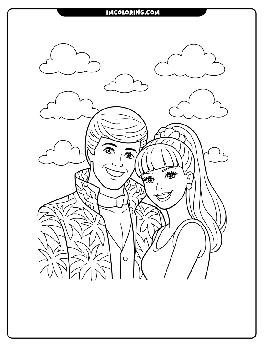 Line art depicting Ken and Barbie against a background of clouds