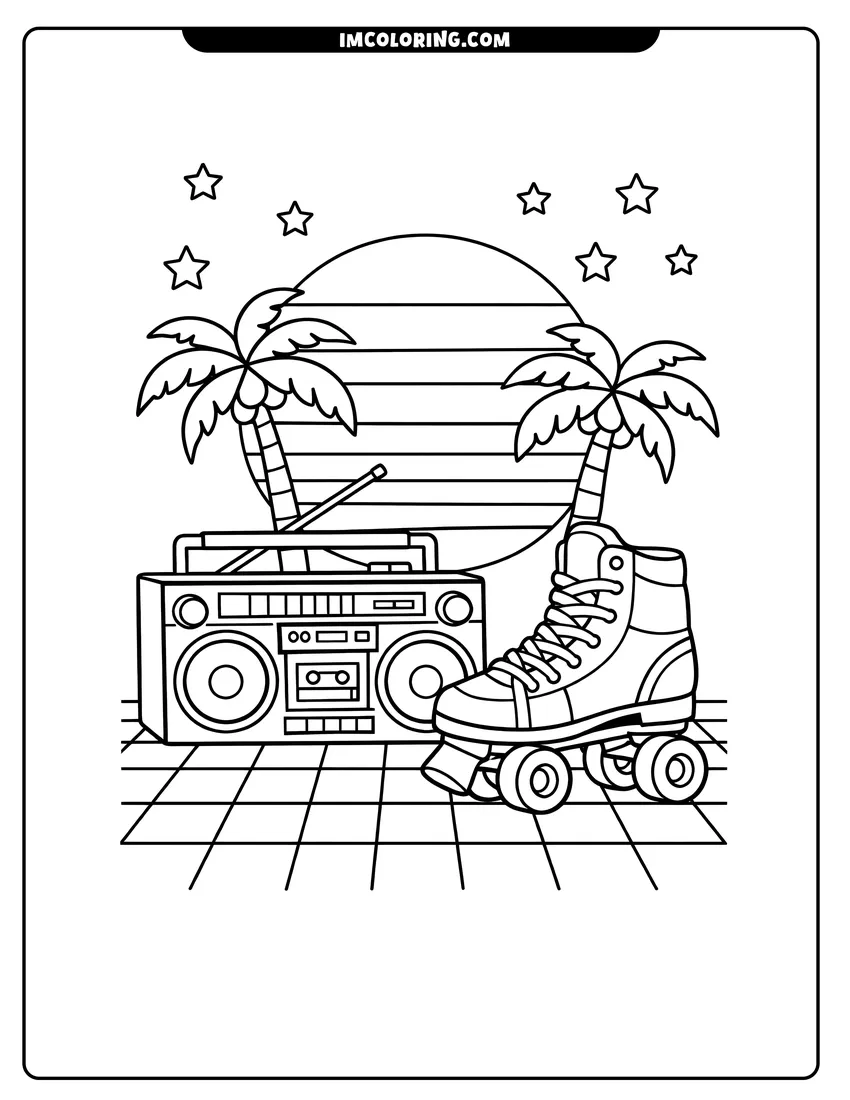 Scene showing 80S boombox and roller skate with palm trees to color