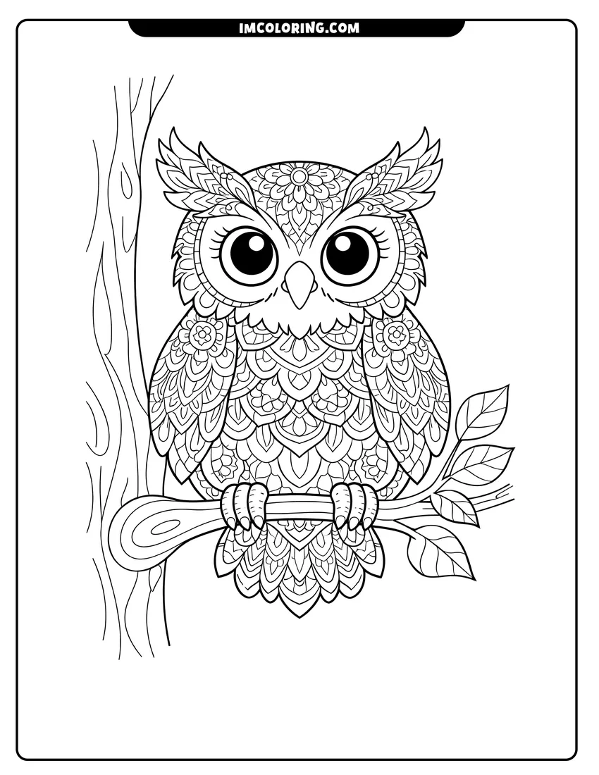 Detailed Owl with mandala feather patterns perched on a branch design for coloring