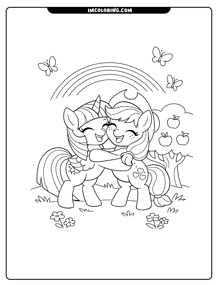 Outline of Twilight Sparkle and Applejack hugging near a rainbow on a white background