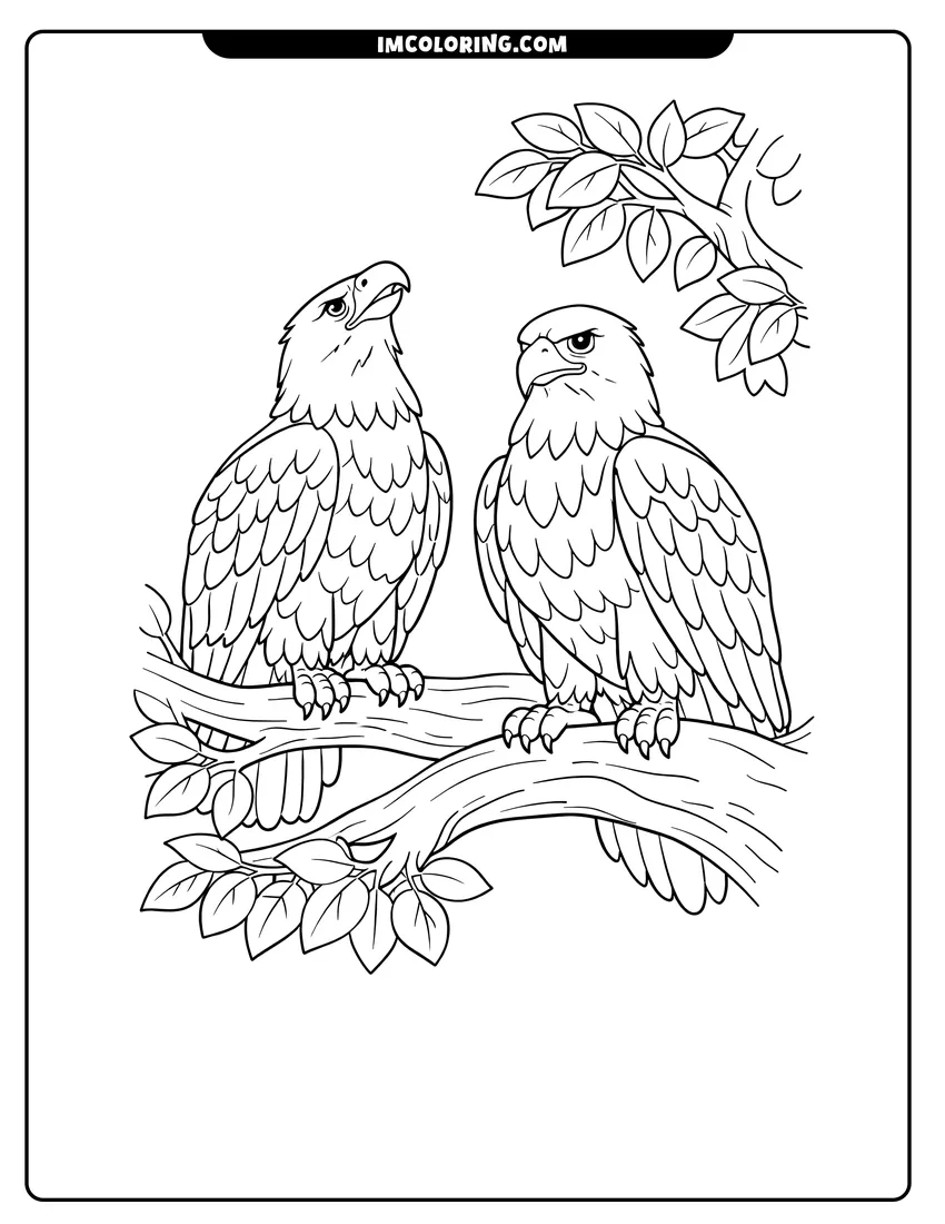 Printable coloring page featuring Two bald eagles perched together in a tree