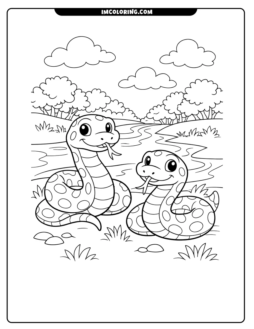 Cute Two cartoon spotted Anacondas on a grassy riverbank outline for coloring