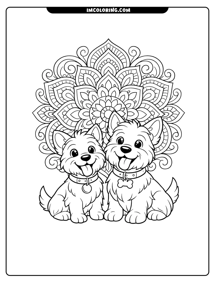 Printable Two cartoon terrier dogs in front of a decorative mandala coloring activity