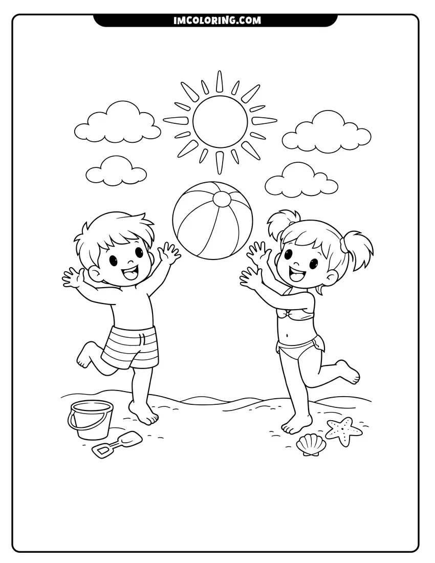 Simple line drawing of Boy and girl playing with a beach ball