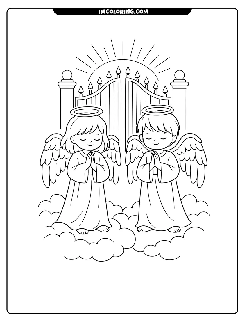 Simple sketch of Two angels praying together in front of heaven gates for children