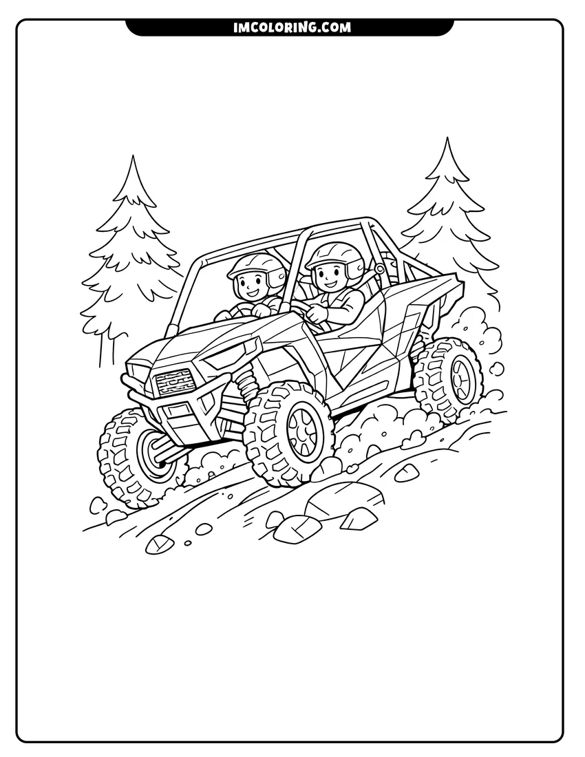 Simple line drawing of Two-seater sport UTV on a forest trail