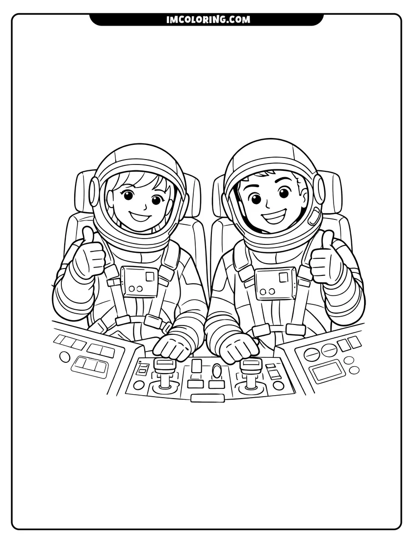 Printable Two smiling astronauts in a cockpit giving thumbs-up coloring activity