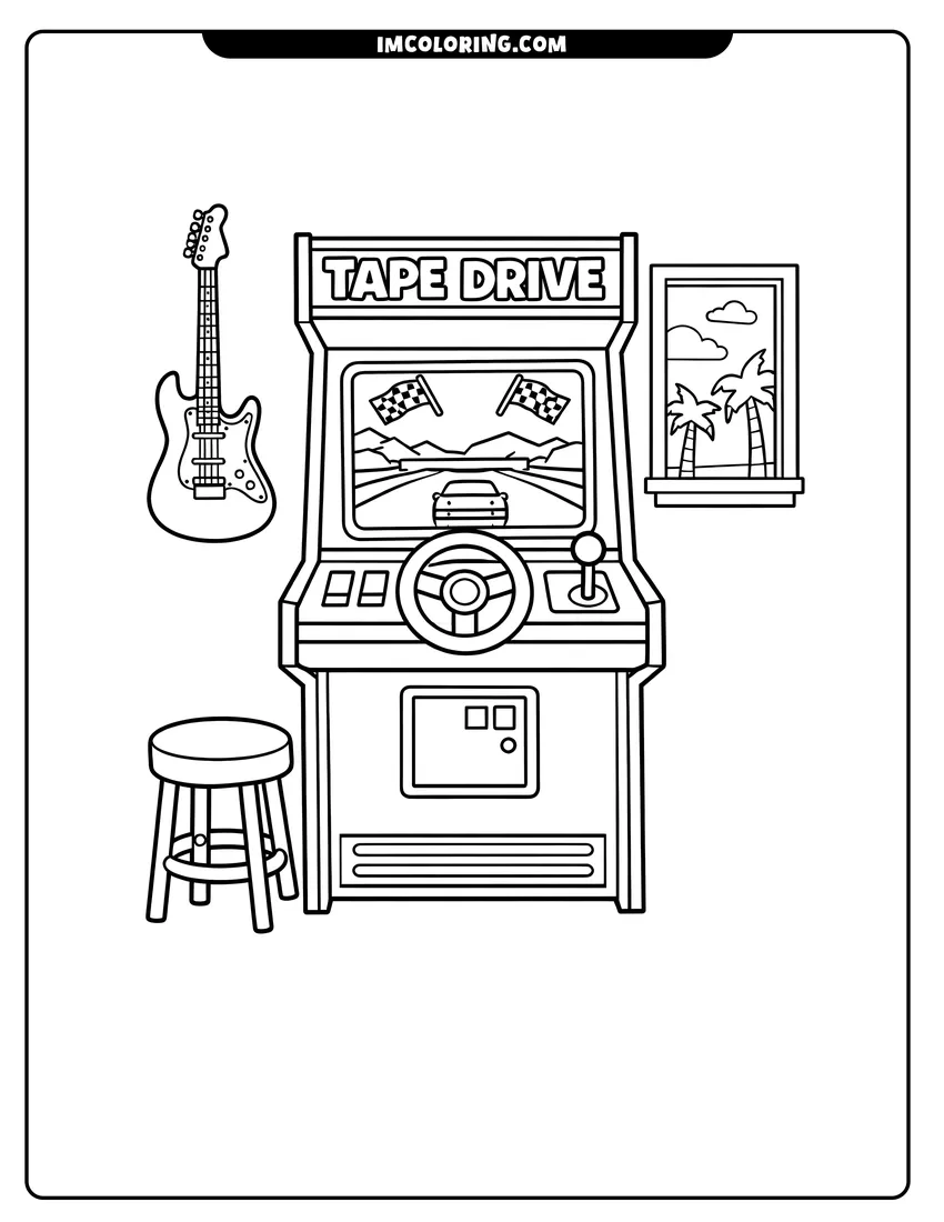 Printable coloring page featuring 80S arcade machine in a room with guitar