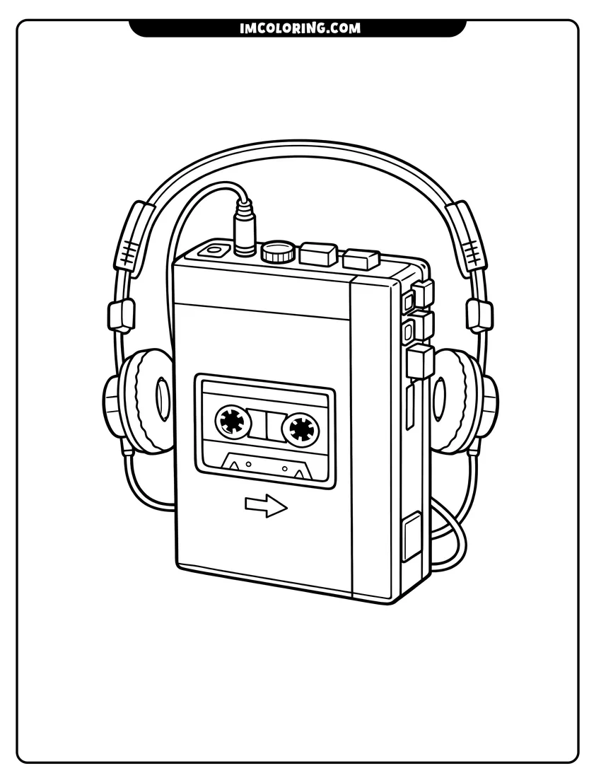 80S portable Walkman with headphones coloring page for preschoolers