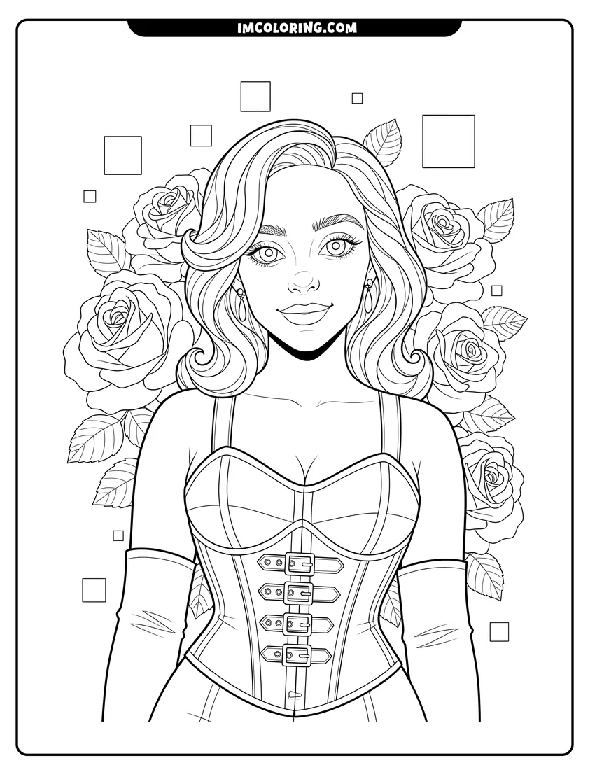 Cute Billie Eilish in a corset with blooming roses outline for coloring