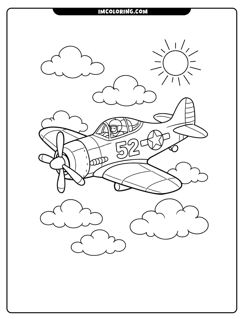 Cute Vintage WW2 propeller airplane with a star insignia outline for coloring