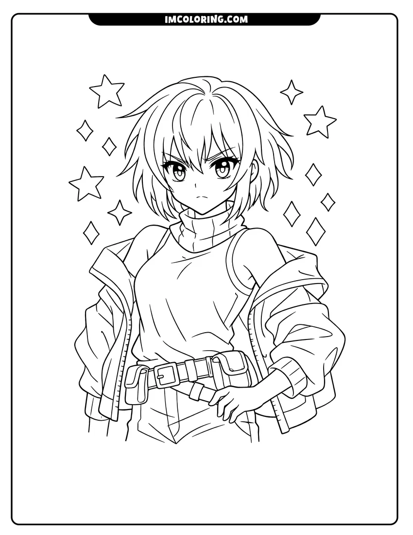 Printable Warrior anime girl with a utility belt and jacket coloring activity