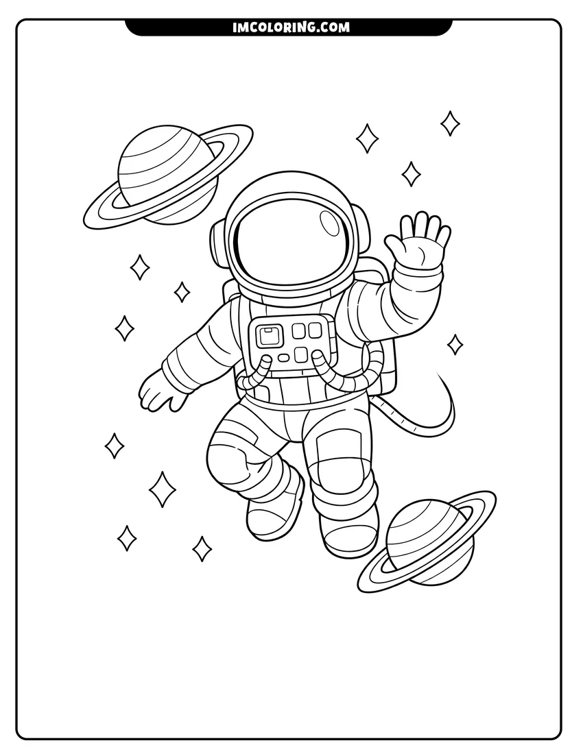 Waving astronaut floating among ringed planets drawing meant for coloring