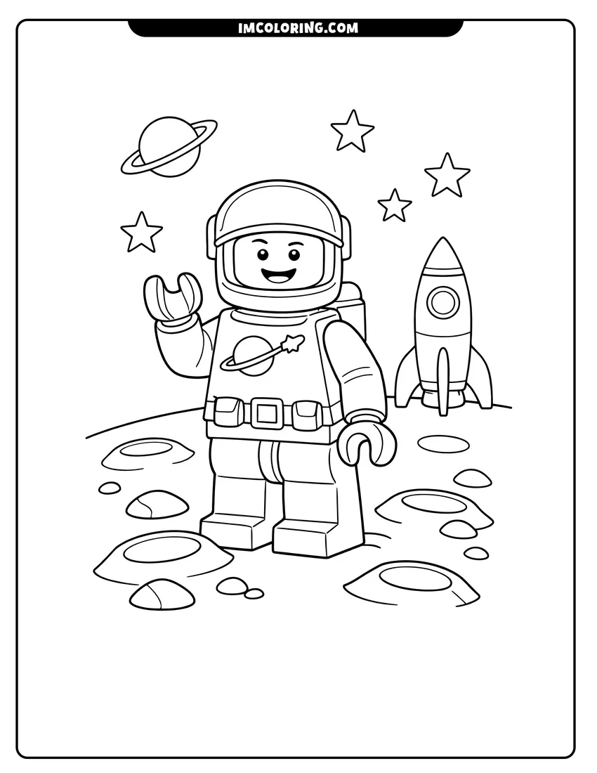 Simple line drawing of Lego astronaut minifigure waving on the moon