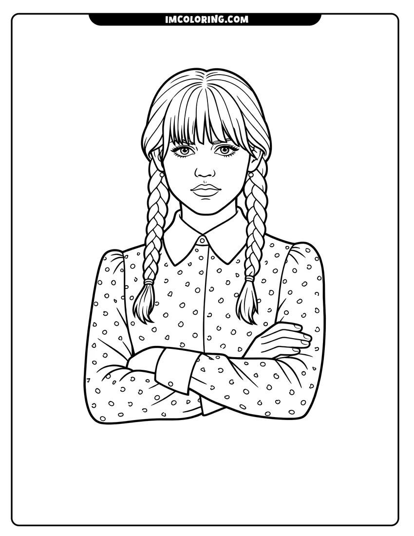 Illustration of Wednesday Addams with braids wearing a patterned collared dress ready for painting