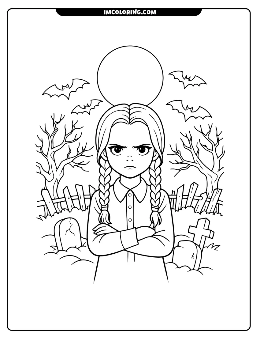 Simple line drawing of Wednesday Addams in a spooky graveyard with bats and moon