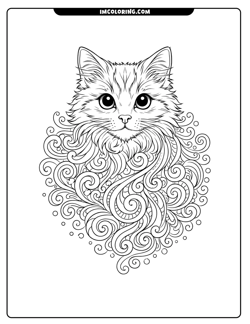 Line art depicting Abstract cat with realistic face and decorative spirals
