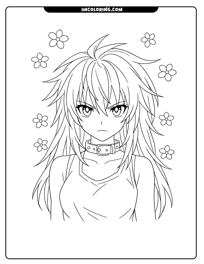Simple sketch of Anime girl with wild shaggy hair and a choker for children
