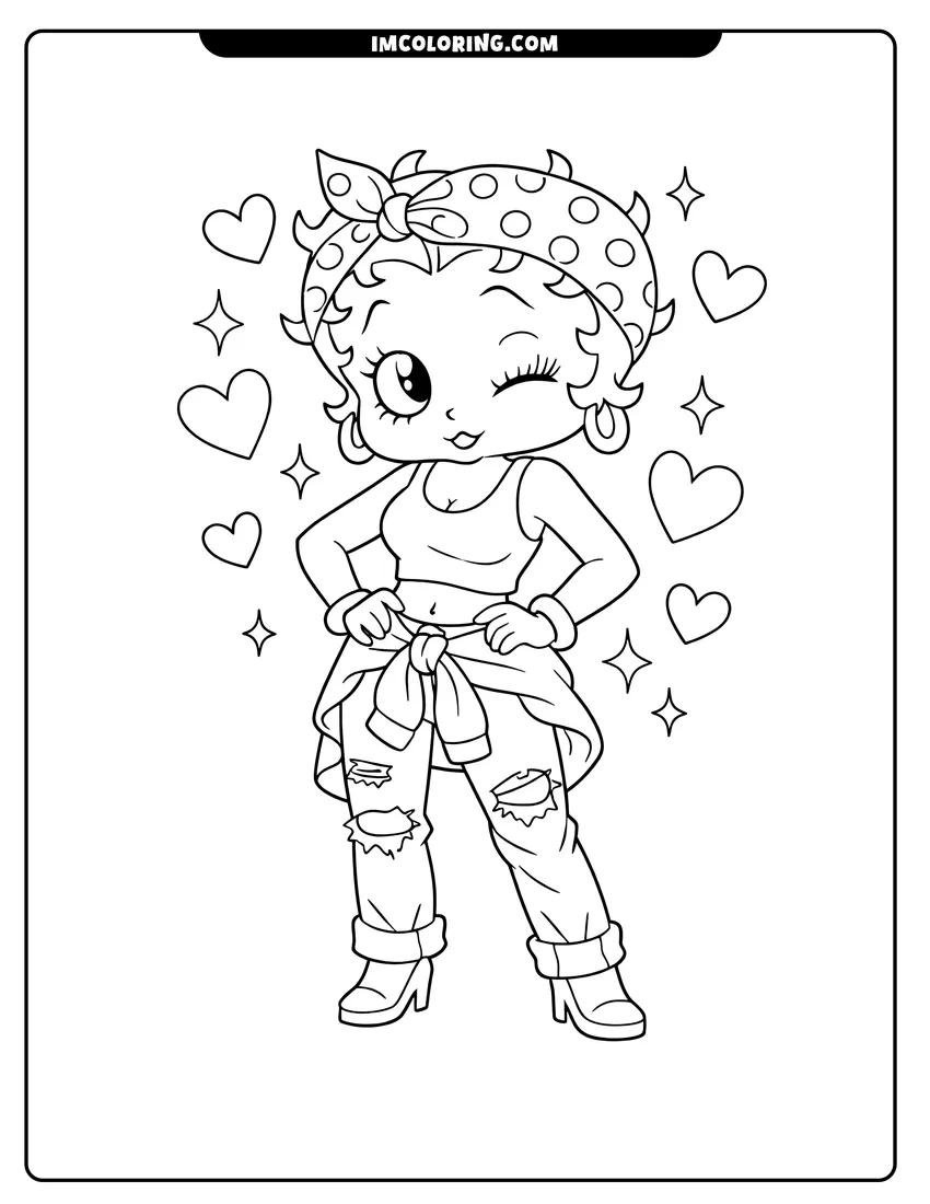 Black and white Winking Betty Boop with hearts and sparkles coloring sheet