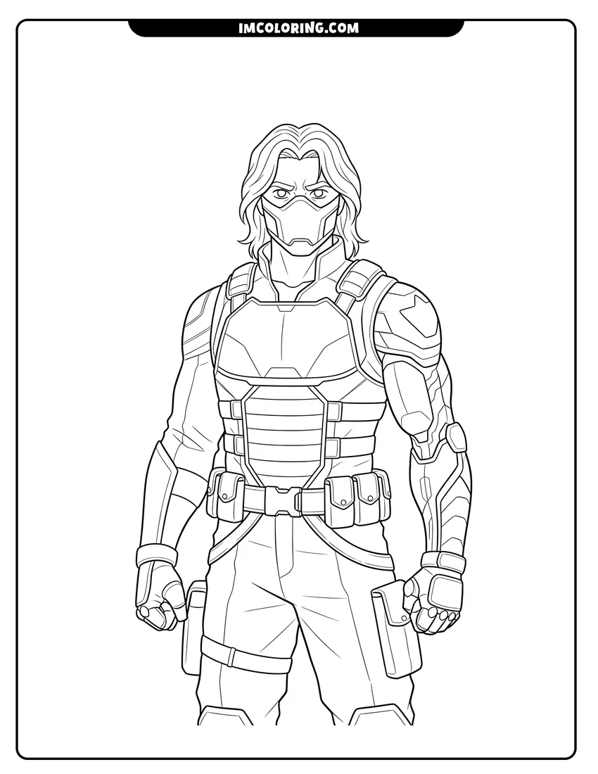 Winter Soldier with bionic arm and tactical mask coloring page for preschoolers