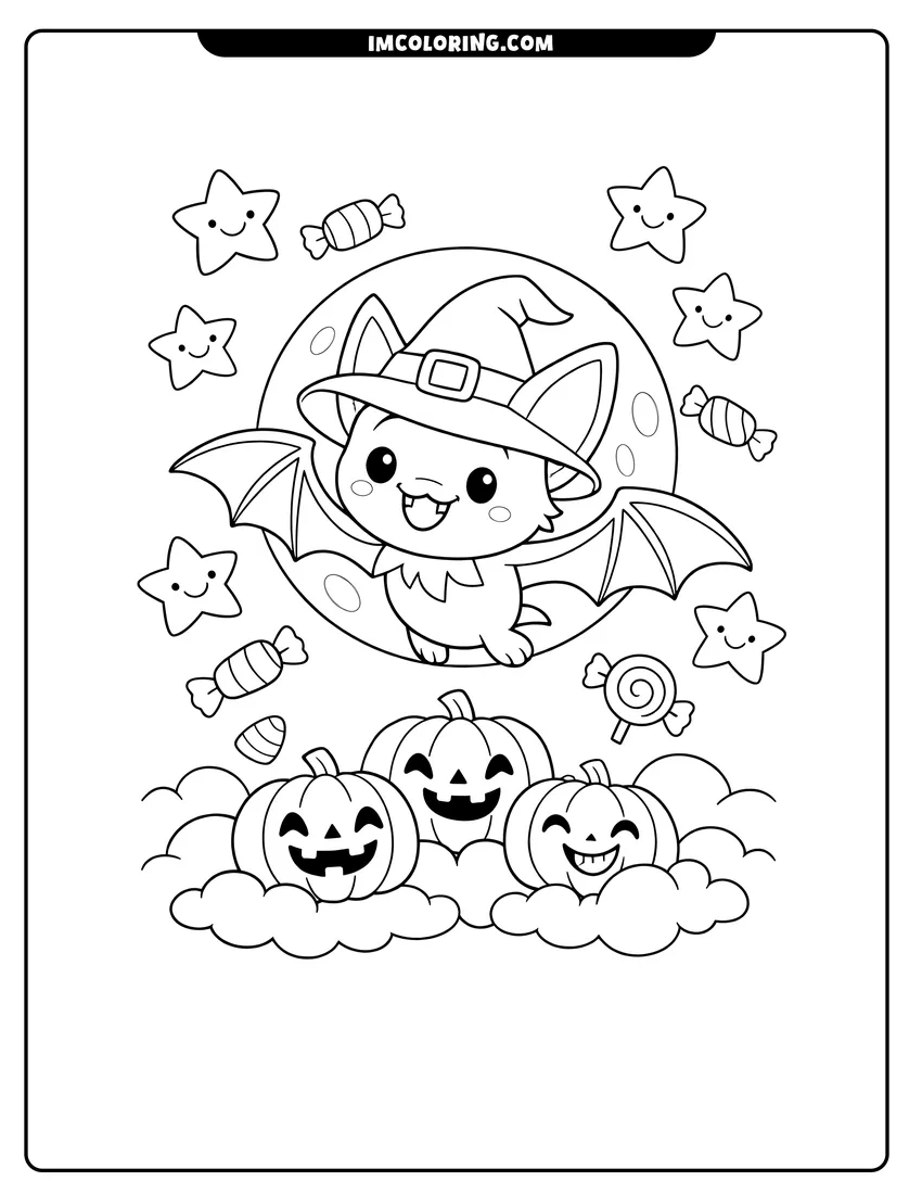 Printable Cartoon bat wearing a witch hat with candy coloring activity