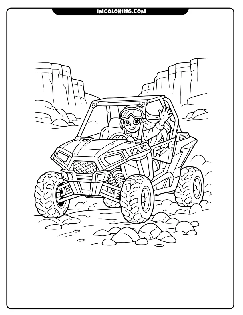 Simple line drawing of Woman driving a Polaris RZR 1000 in the desert