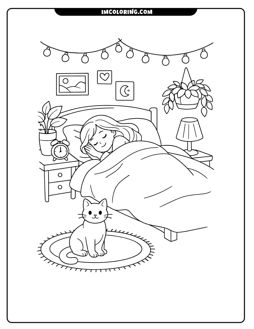 Kawaii style Woman sleeping in bedroom with cat and lights coloring picture