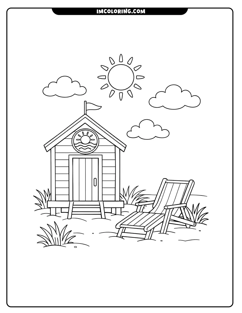 Printable Small wooden beach shed and lounge chair on sand coloring activity