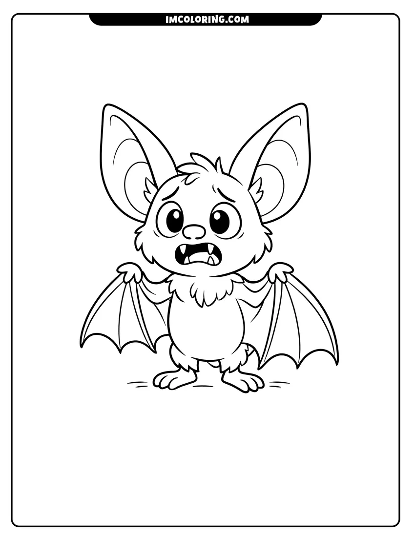 Line art depicting Worried cartoon bat with wide eyes and open wings