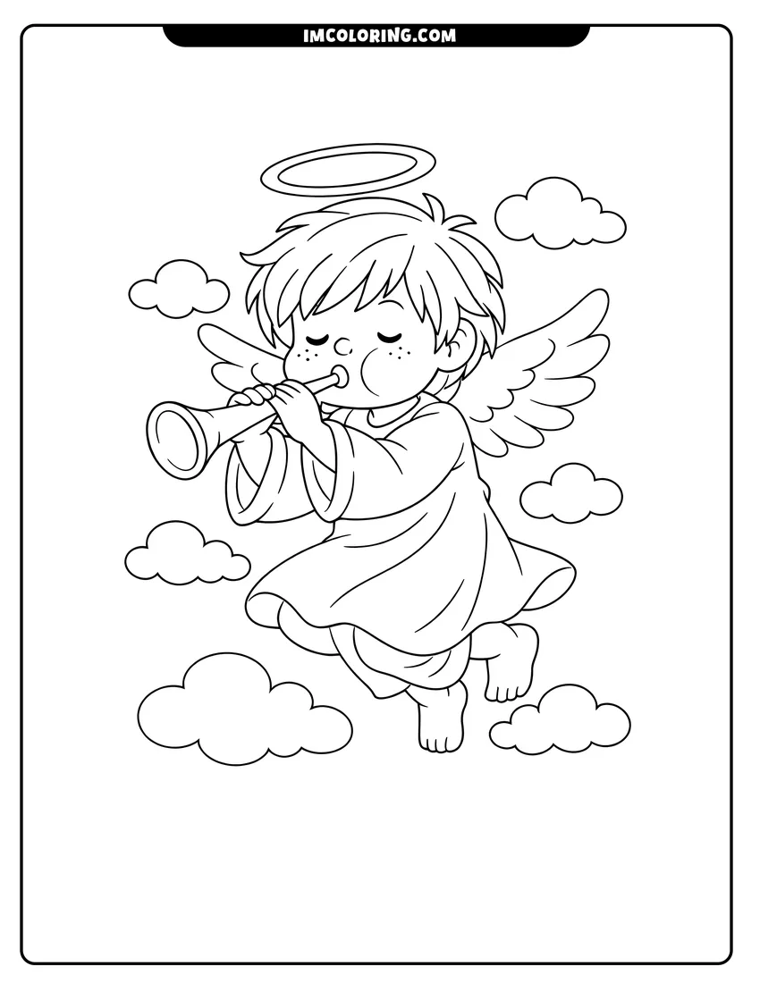 Young boy angel with freckles playing a trumpet coloring page for preschoolers