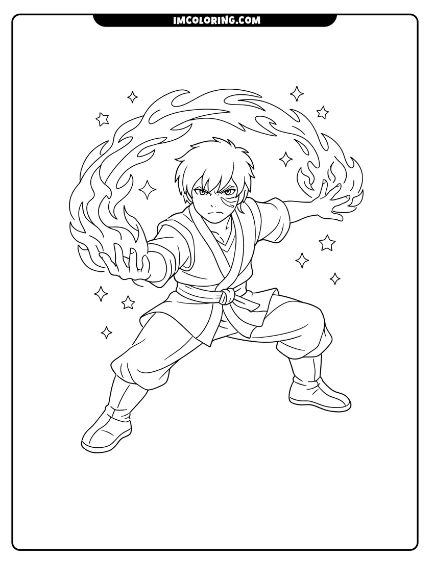 Simple line drawing of Zuko with swirling fire and stars