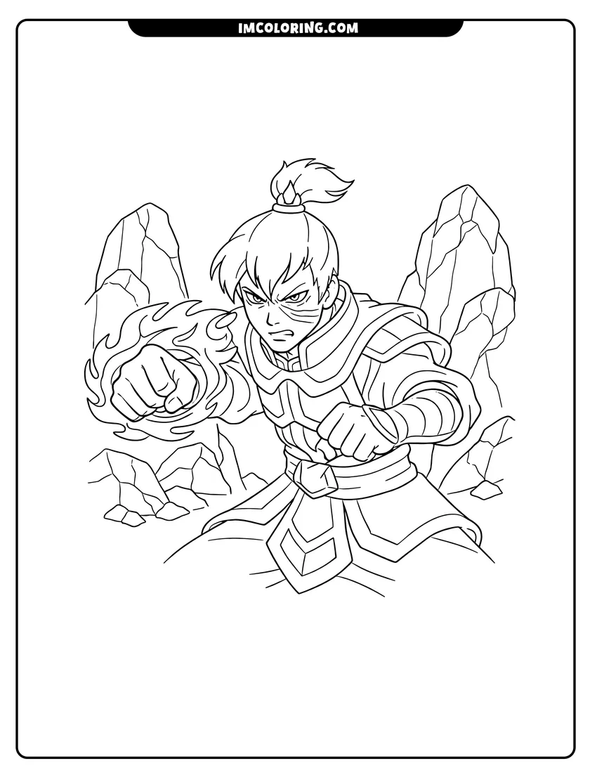 Cute Zuko punching with fire outline for coloring