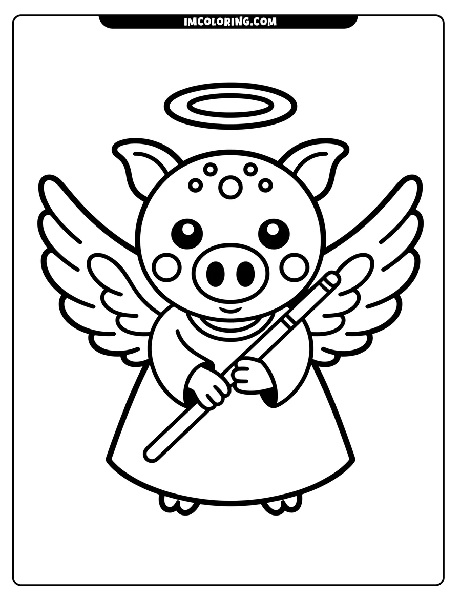 Outline of a cartoon angel pig holding a magic wand. The pig has a halo, wings, and a robe.
