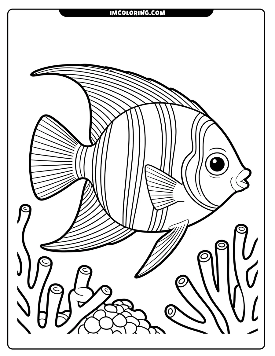 Line art of an angelfish swimming near a coral reef. It has distinct stripes on its body and delicate lines detailing its fins. Brain coral and tube coral are visible around the fish.