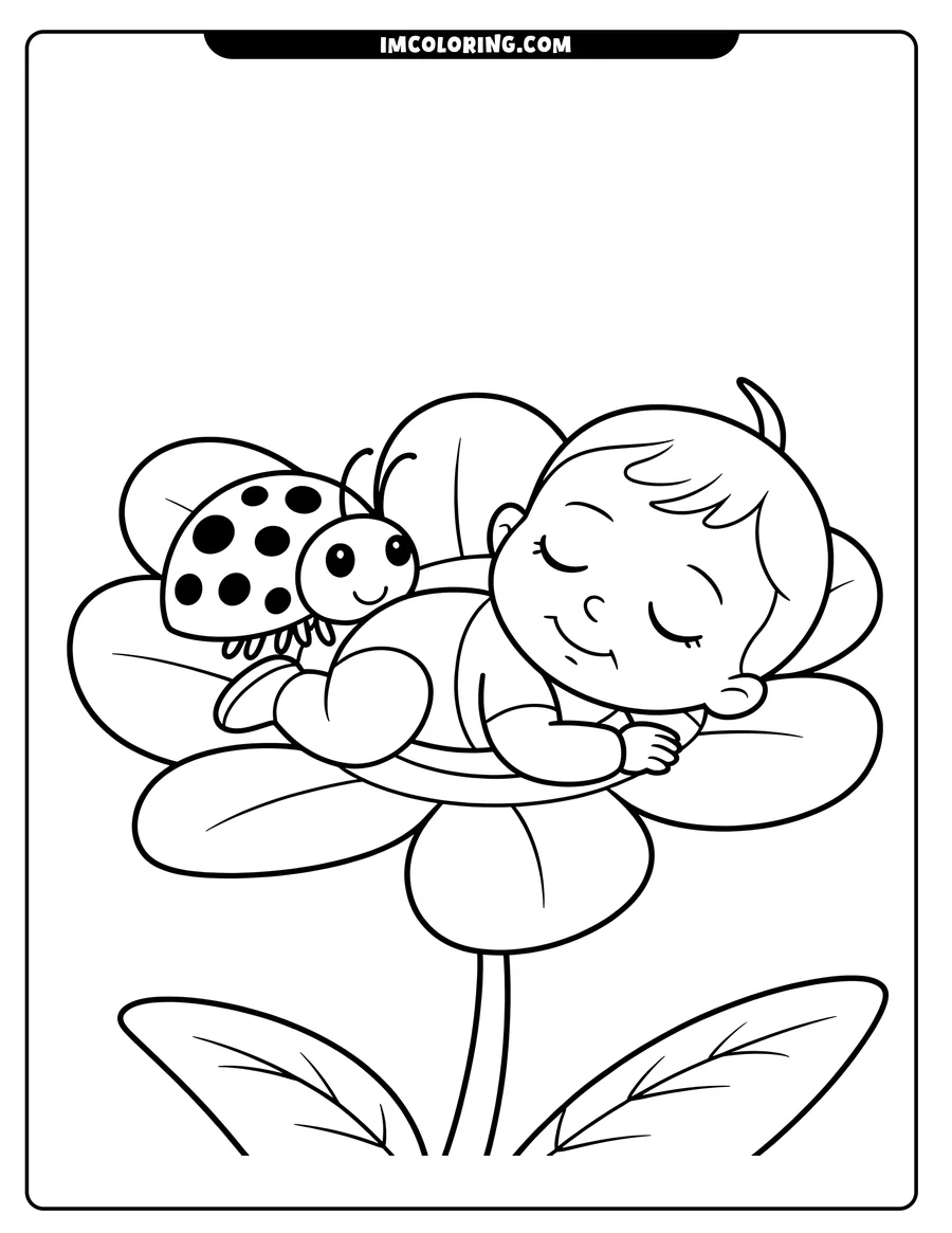 Outline of a baby sleeping peacefully on a flower petal, with a ladybug resting nearby.