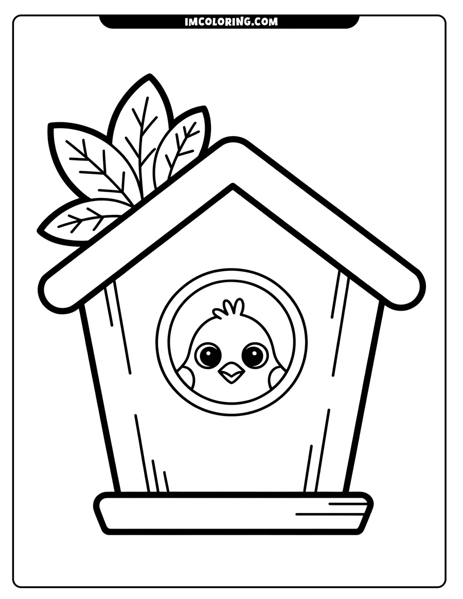 Outline of a baby bird looking out from a birdhouse with leaves on top.