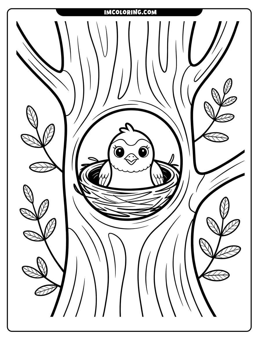 Outline of a baby bird sitting in a nest built into the trunk of a tree, with simple leaves on branches around it.
