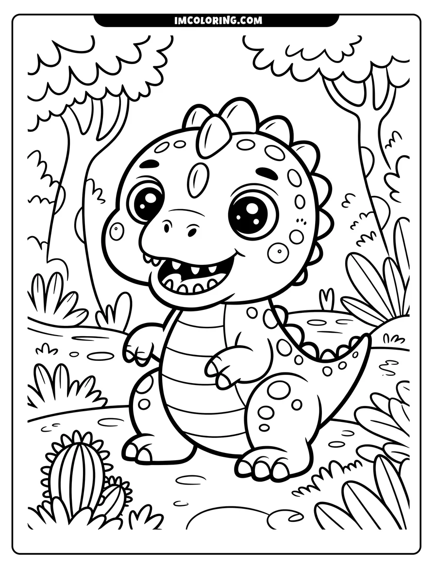 Outline of a happy baby dinosaur standing in a prehistoric landscape with trees, cacti, and other plants.