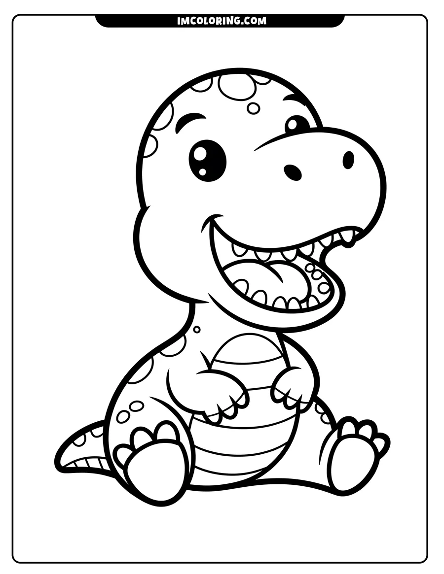 Outline of a cheerful baby dinosaur sitting with its legs out. It has spots, stripes, and a happy expression.