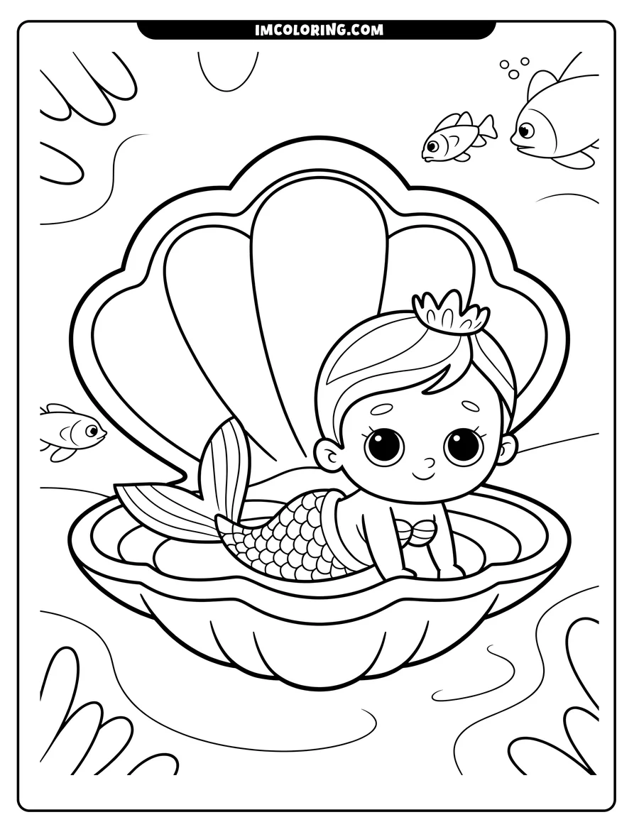 Outline of a baby mermaid sitting inside a clamshell with two fish nearby.