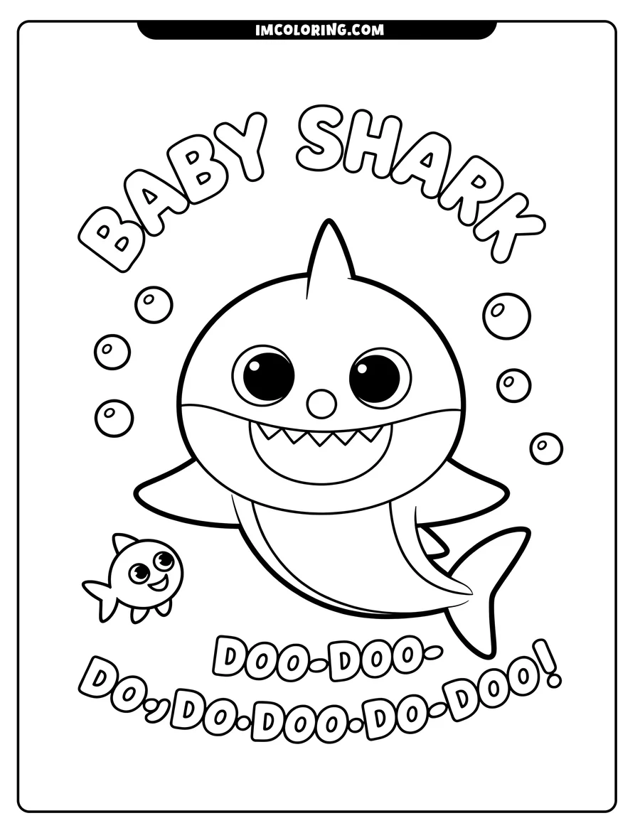 Line art of Baby Shark swimming with a fish. Bubbles float around them.
