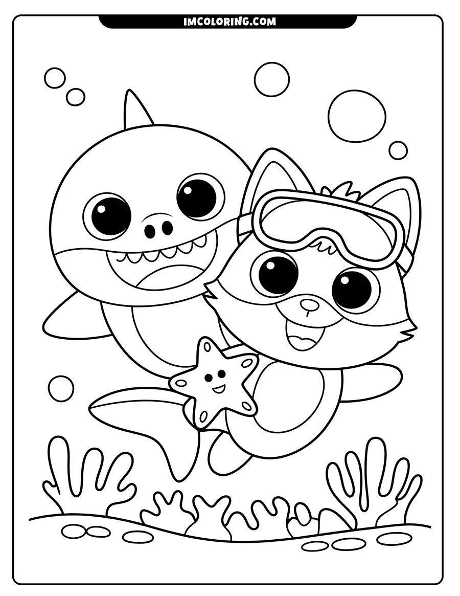 Line art of a baby shark and a kitten swimming underwater with a smiling starfish between them. The kitten is wearing goggles, and seaweed grows along the bottom.