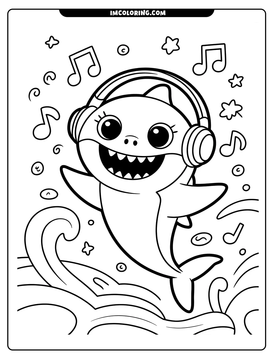 Line art of a cheerful baby shark with headphones, surrounded by musical notes, enjoying a lively moment.