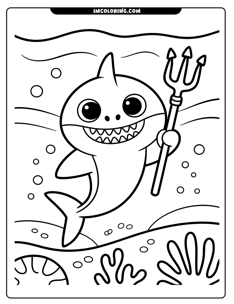 Line art of a cute baby shark holding a trident underwater, surrounded by bubbles and coral.