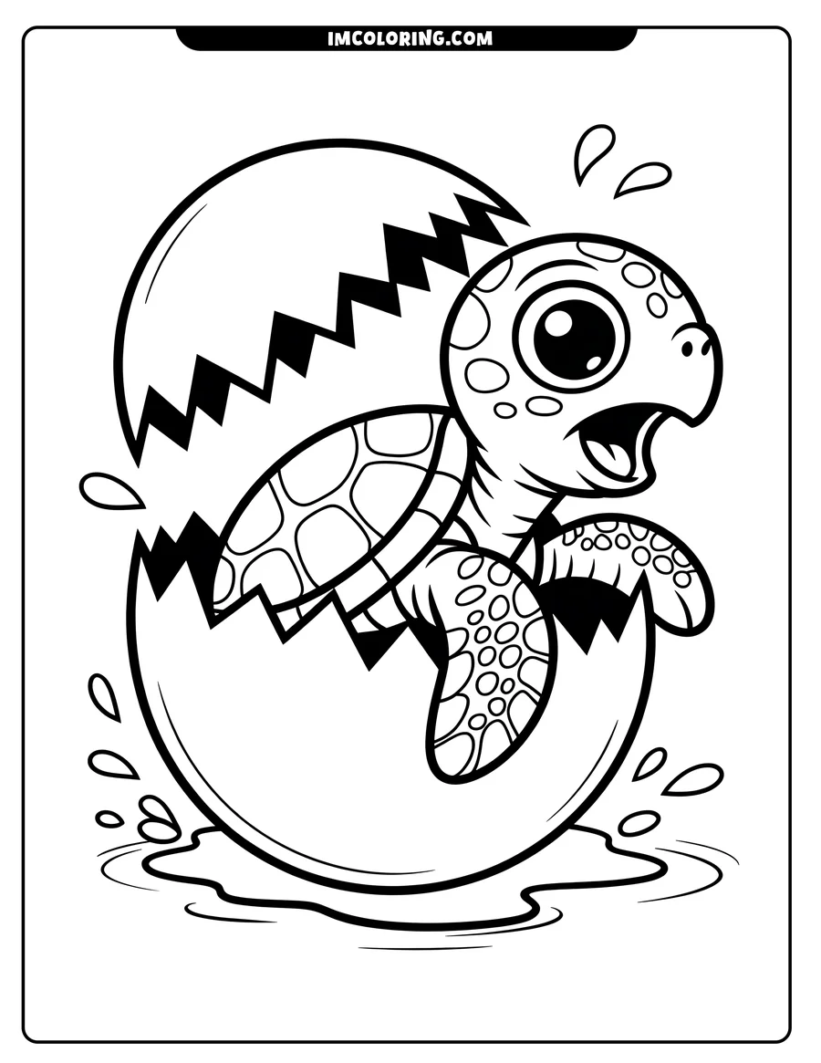 Line art of a baby turtle hatching from its egg. The turtle has spots on its head and flippers, and a patterned shell. It looks excited as it emerges from the cracked eggshell into a small puddle.