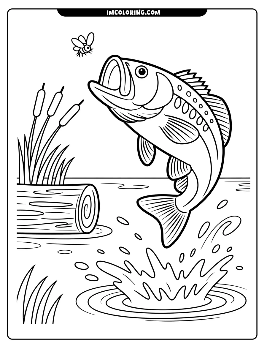 Line art of a largemouth bass jumping out of the water near cattails and a log, seemingly chasing a fly.