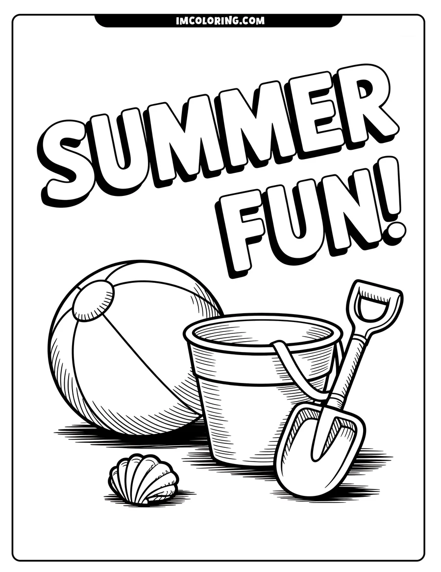 Line art illustration of a beach ball, pail, and shovel with a seashell.