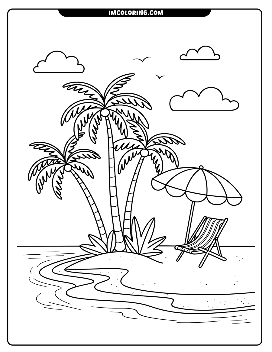 Outline of a beach scene with three palm trees, a beach umbrella, and a lounge chair on a small sandy island. Waves gently lap at the shore, and fluffy clouds float in the sky.